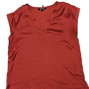 DKNY Women's Burnt Orange Sleeveless V-Neck Blouse Satiny Shiny Shell Top Size M